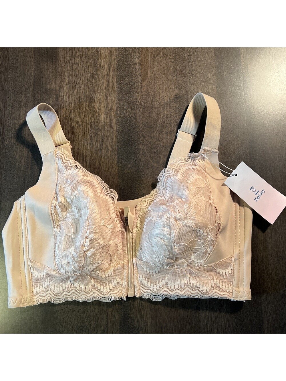 ZipLacy Front Zip Floral Lace Bra Adjustable Straps Semi-Sheer Beige- Large- NWT